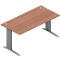 A brown desk with gray legs.