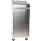 Stainless steel cabinet with wheels, lockable door, and slanted top.
