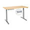 Height-adjustable desk with beige tabletop and silver legs. Detail view shows mechanism.