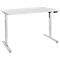 A height-adjustable white desk with gray-silver legs. There is a control on the right side.