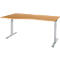 A desk with a light brown tabletop and two gray, height-adjustable legs. The tabletop has a slight curve.