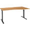 An adjustable desk with a wooden surface and black metal legs, slightly curved.