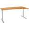 Light brown adjustable height desk with silver legs and a slightly curved tabletop.