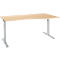 A light-colored, curved desk on silver, height-adjustable legs. The tabletop has a wood look.