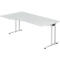 White ergonomic desk with silver legs, which have a curved shape.