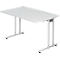 White office desk with silver legs. Rectangular tabletop with straight edges.
