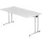 White rectangular conference table with silver-gray legs. The tabletop is slightly inclined and has rounded edges.