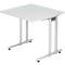 White rectangular table with silver legs. Black pads on the table legs.