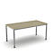 A rectangular table with light wood and silver legs, against a white background.