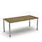 A rectangular table with a light wood top and silver legs. The table stands against a white background.