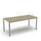 A rectangular table with a light brown tabletop and silver legs. The table is set against a white background.
