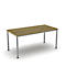 A rectangular table with a light brown wooden top and silver metal legs.
