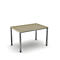 Rectangular table with light wood veneer and silver legs, isolated against a white background.
