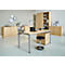 Office with desk, laptop, chair, and cabinets. On the wall: clocks, picture and a small plant.