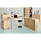 A modern office with a desk, mobile pedestal, chair, lamps, filing cabinets, and clocks on the wall.
