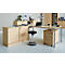 Bright, modern office desk with chair, laptop, drawer cabinet and cabinets. The furnishings are kept bright and friendly.