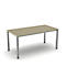 A rectangular, light wood table with silver legs, against a white background.