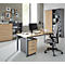 A modern office space with desk, cabinet wall, and chair, arranged in a bright, friendly atmosphere.