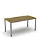A rectangular table with a light wood top and silver legs on a white background.