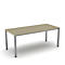Light brown table with silver legs against a white background.