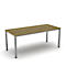 A rectangular table with a wooden top and silver legs on a white background.