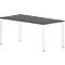 Rectangular table, gray table top, white legs, black feet.
