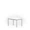 White table with silver legs against a white background. Square tabletop, square legs.
