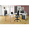 A modern office with desk, office chair, filing cabinet and laptop. Color scheme: gray, white, and pink.