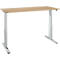 Light-colored, height-adjustable desk with a light brown tabletop and silver frame.