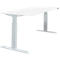 White, height-adjustable desk with T-shaped feet, against a white background.