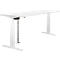 White adjustable height desk, with metal frame and chain for height adjustment.