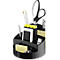 Black desk organizer with office supplies: pens, scissors, sticky notes, phone. On a light background.