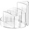 A clear, organized makeup organizer made of transparent acrylic, divided into compartments.