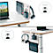 Desk organizer with notepad, pen holder, headphones, clamp and laptop.
