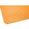 An orange desk pad with water droplets beading on it. The pad has a stitched edge.