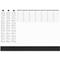 Monochrome table with planning columns. Top three oval buttons, left several calendar days. Bottom black bar.
