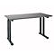 Grey height-adjustable desk on white background. Rectangular tabletop with grey frame.