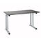 Grey height-adjustable desk with silver legs against a white background.