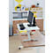 Height-adjustable desk with monitor, keyboard, mouse. Shelf with folders and decoration in the background.