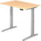 Height adjustable desk. Rectangular wooden tabletop. Gray metal legs. Black control panel under the tabletop.