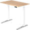 Light brown adjustable height desk with white legs and silver feet. The controls are attached to the tabletop.