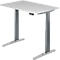 An adjustable-height desk with gray legs and a white tabletop. A small control panel is attached to the tabletop.