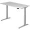 A white, height-adjustable desk with two grey legs. There is a black control panel on the tabletop.