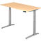 Height-adjustable desk with light brown tabletop and gray legs.
