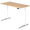 Height-adjustable desk with wooden top and white frame, black control.