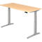 An adjustable height desk with a light wooden top and gray frame.