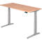 Height-adjustable desk with wooden top. The gray legs are T-shaped.
