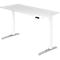 White, height-adjustable desk with silver feet. There is a black control panel on the edge of the desk.