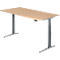 Height-adjustable desk with light wood top and gray legs. Features black control panel.