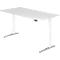 White height-adjustable desk with straight tabletop. It has gray feet and a black control.